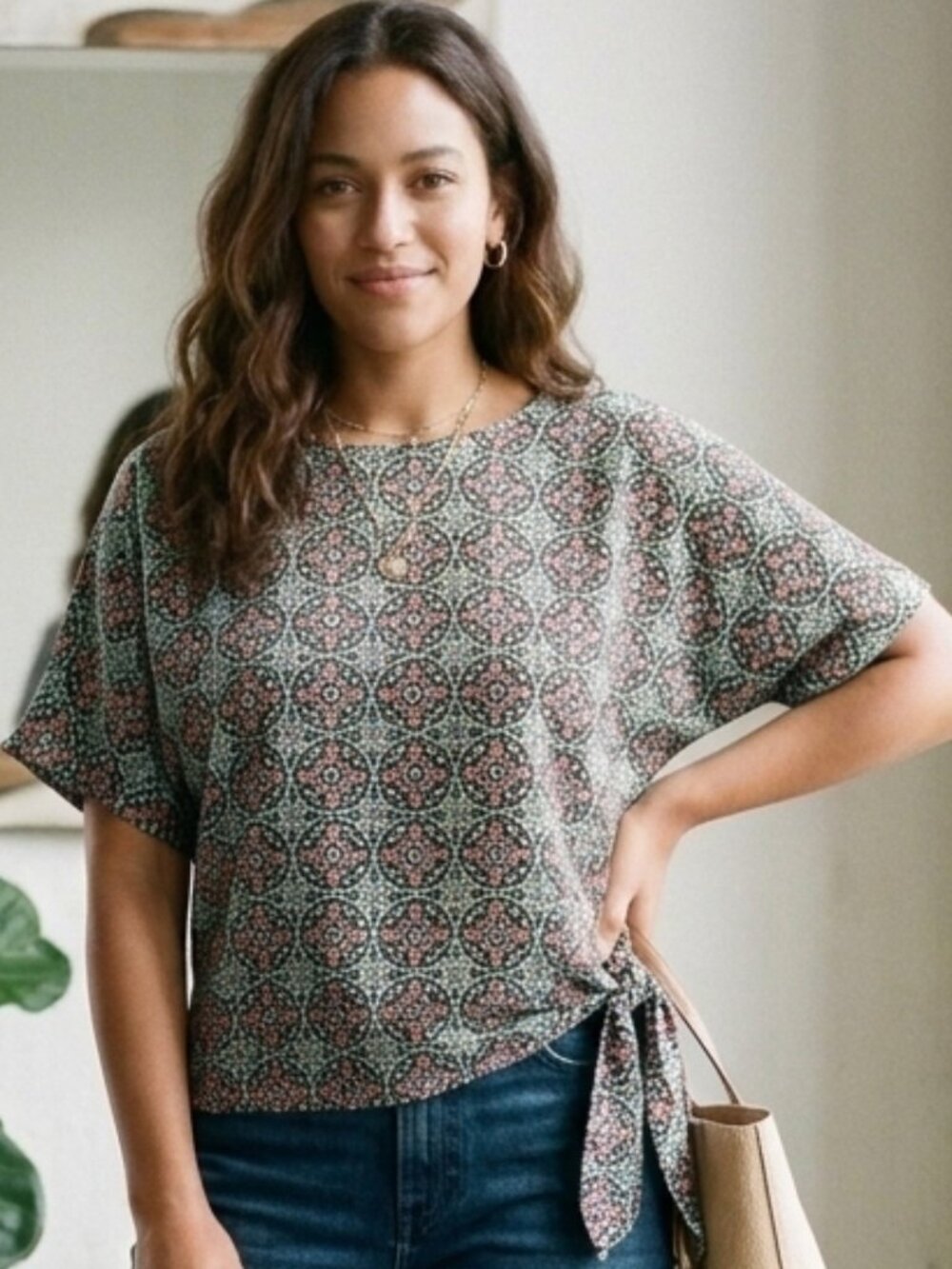 MICHAEL KORS Geometric Pattern Blouse With Side Tie Detail